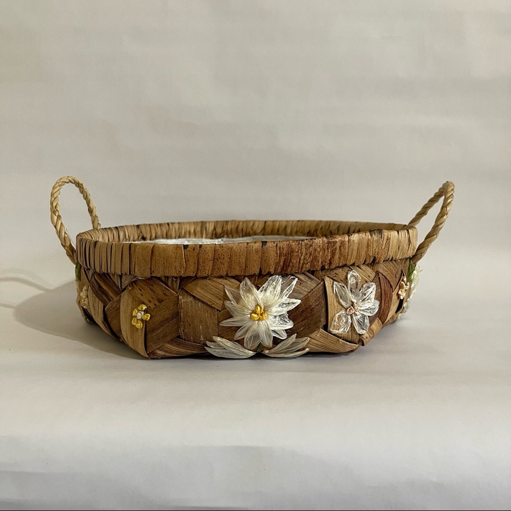 Handmade Woven Display Bowl with Floral Embroidery